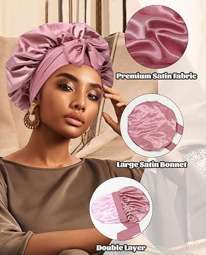 Satin Bonnet for Sleeping Cap Double Layer Hair Bonnet with Elastic Tie Band for Curly Hair Night Cap (Bean Paste + Pink) thumbnail 5