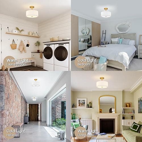 Modern Semi Flush Mount Ceiling Light with Pleated Fabric Shade, 12.5” Drum Gold Light Fixture with Lights, Warm White Linen Lamp for Bedroom, Living Room, Dining Room, Hallway, Kids Room thumbnail 7