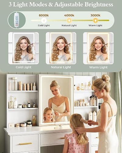 Memobarco 43.5-inch Large White Makeup Vanity Desk with Sliding Mirror | Smart LED Mirror, 3 Lighting Modes, Adjustable Brightness, 9 Shelves, 4 Drawers, 2 Cabinets, Power Outlets, Hairdryer-Rack thumbnail 3