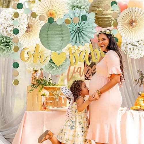 Sage Green Baby Shower Decorations Oh Baby Banner Tissue Paper Pom Poms Flowers Paper Fans Circle Dot Garland Neutral Party Supplies Boy Girl Gender Reveal Birthday Party Decorations thumbnail 3