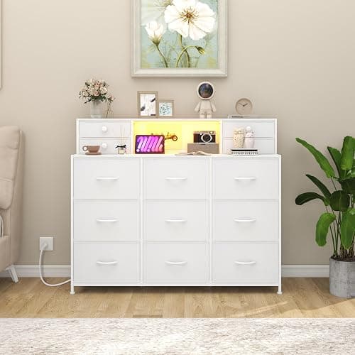 Welfuturer White Dressers for Bedroom with Power Outlets and LED Lights 13 Drawers Dresser Faux Leather Fabric Chest of Drawers for Bedroom Living Room Hallway Entryway Closets Sturdy Frame Wood Top - White thumbnail 5