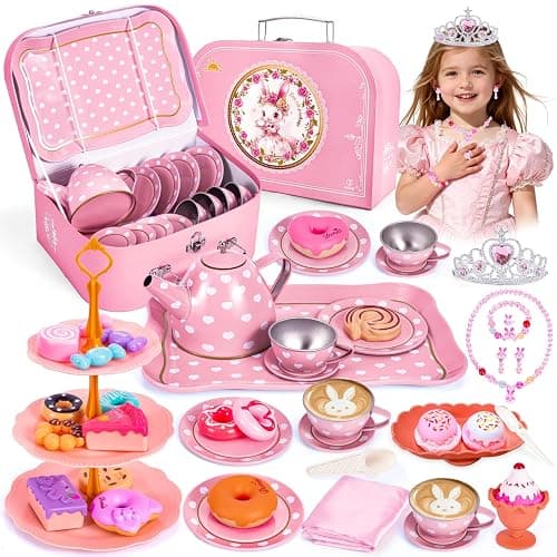 Hohosunlar Tea Party Set for Little Girls, Princess Tea Time Toy for Toddler, Tin Tea Set Include Tea Cups Teapot Dessert Kitchen Pretend Play with Carrying Case, Easter Birthday Gift for Kids Age 3-8 - Image 1