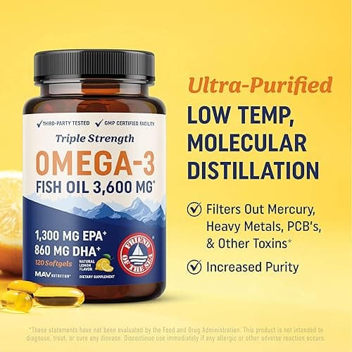 Triple Strength Omega 3 Fish Oil | 3600 mg EPA & DHA | Over 2100mg of Omega 3 Fatty Acids | 1300mg EPA + 860mg DHA | Best Essential Fatty Acids | Premium Burpless Softgel Supplements (120 Ct) - 120 count thumbnail 5