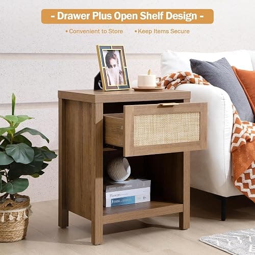 SICOTAS Rattan Nightstands Set of 2 - Farmhouse Night Stand with Drawer and Storage Shelf - Boho Bedside Table End Side Table for Bedroom, Oak thumbnail 5