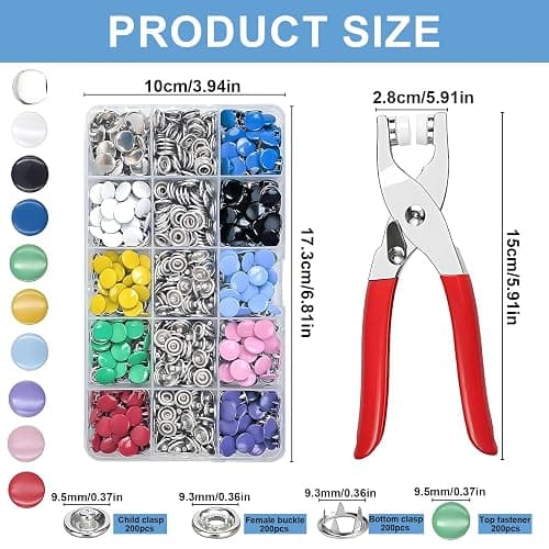 200 Sets Poppers Fasteners Kits,Including Male and Female Snap Fastener,Soild and Hollow Claw Clips,Metal Plier and Storage Box for Clothing,Bags,DIY Crafts Press Stud thumbnail 2