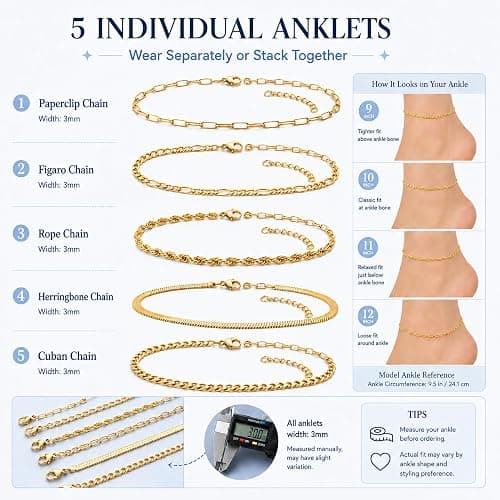 AOZEL Gold/Silver Plated Anklet Bracelets for Women Waterproof Plus Size Cuban Link Chain Ankle Bracelet for Large Ankle 9-12inch thumbnail 5