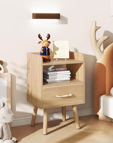 YMYNY Bedside Table Set of 2, Nightstand, Side Table, Wooden Sofa End Table with Fabric Drawer, Open Shelf, Solid Wood Legs, 15.35" x 11.42" x 24.41", for Bedroom, Natural UHST021N-2 thumbnail 2