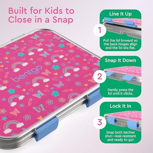 Bentgo Kids Stainless Steel Prints Leak-Resistant Lunch Box - 3-Compartments with Silicone Container, Durable, Eco-Friendly, Dishwasher Safe, BPA-Free, for School, Ages 3+ (Rainbows & Butterflies) thumbnail 6