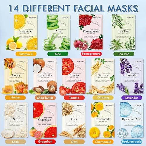 KONEUK 14 Pack Sheet Face Masks Skincare, Hydrating Face Masks Suitable for Dry Skin, Bulk Facial Mask Set for Women Skin Care, Face Mask Gifts Set for Face Spa thumbnail 3
