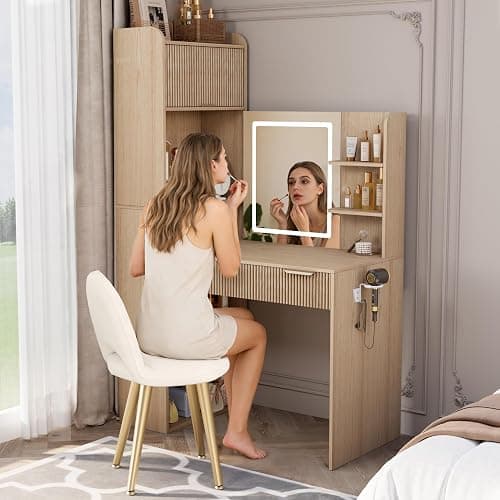 Royal Windsor Makeup Vanity Desk with Mirror and Lights, Corner Vanity Desk, 3 Color Touch Screen Led Mirror, High-Capacity Storage, Girls Vanity Combo，Natural Oak thumbnail 4