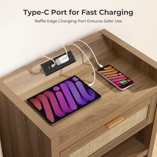 SICOTAS Night Stand Set of 2 Nightstands - Rattan Bed Side Table with Drawer Storage,Type-C Charging Station End Table - Boho Bedside Night Stands for Bedroom - Natural Oak thumbnail 4