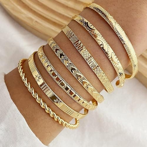IFKM Gold Bangles Bracelets for Women Girls 14k Gold Plated Multi Layer Stackable Cuff Bracelet Set thumbnail 3