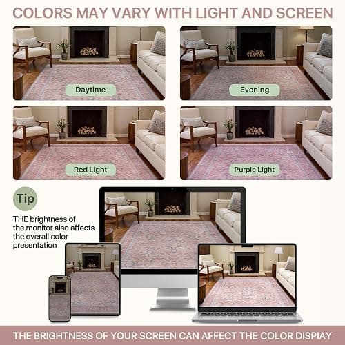 Pink Area Rug 6x9 Washable Rugs for Bedroom Girls Floral with Non Slip Backing, Low Pile Carpet for Living Room, Nursery Room, Dinning Room, Light Pink Blue thumbnail 8