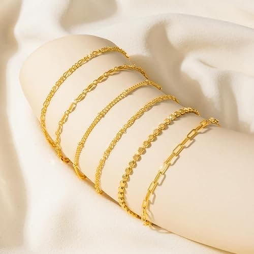 Tewiky Waterproof Gold Bracelets for Women Non Tarnish - Dainty Stack 14K Gold Plated/Sterling Silver Chain Bracelets Set Adjustable Trendy Jewelry for Women thumbnail 6