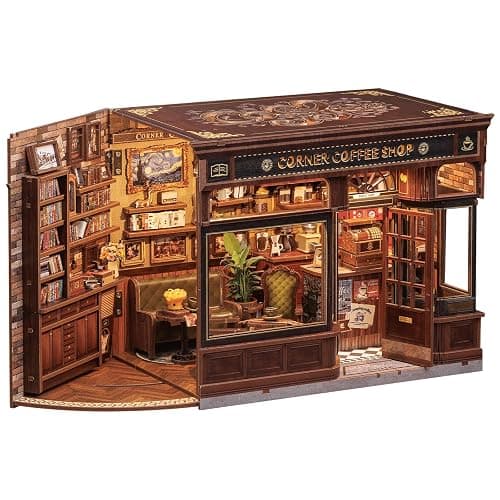 CUTEBEE Book Nook Kit, DIY Miniature House Kits for Adult and Teens, Dollhouse Booknook Tiny House, Bookshelf 3D Wooden Puzzle, DIY Craft Gifts for Family and Friends (Corner Coffee Shop) - Image 1