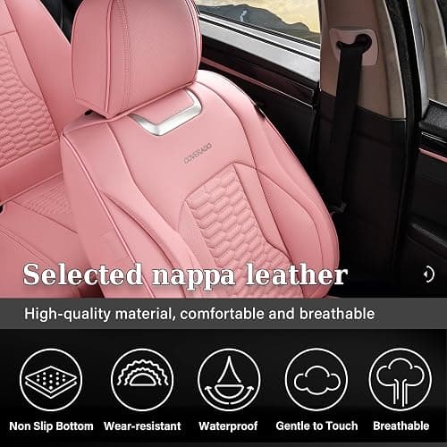 Coverado Car Seat Covers Full Set, 5 Seats Pink Seat Covers for Cars, Nappa Leather Waterproof Car Seat Covers Automotive Seat Covers Interior Accessories Universal Fit Most Cars thumbnail 3