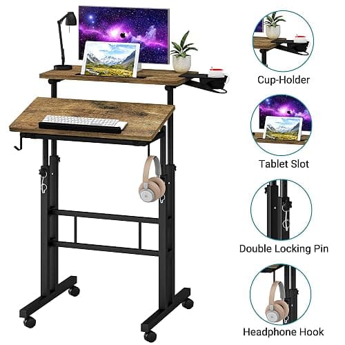 Klvied Rolling Mobile Desk with Cup Holder, Portable, Adjustable Height Small Stand up Desk on Wheels for Home Office Laptop Cart, Computer, Standing or Sitting,Oak thumbnail 6