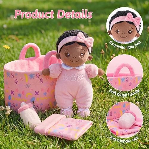 OUOZZZ Baby Doll Accessories with Black Doll, Bassinet, Blanket and Bottle | Interactive Pretend Playset for Social Emotional Learning, Educational Toy for 2 Year Old Girls thumbnail 8