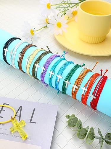 Yinkin Cross Bracelets Bulk for Kids & Teens, Adjustable Christian Friendship Bracelets for Sunday School, Easter Gifts thumbnail 2