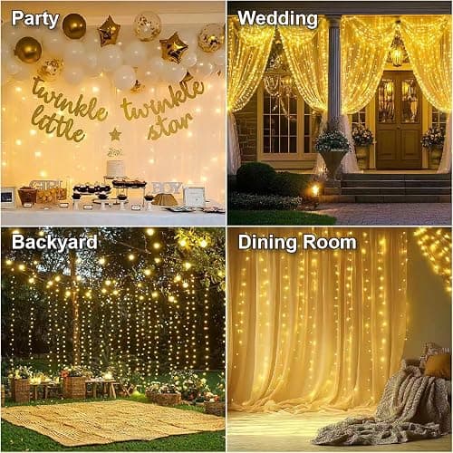 HXWEIYE 300LED Fairy Curtain Lights, 9.8x9.8Ft USB Plug-in 8 Modes Christmas String Hanging Lights with Remote for Bedroom Backdrop Wedding Indoor Wall Decor, Warm White, Standard – 1 Pack thumbnail 7