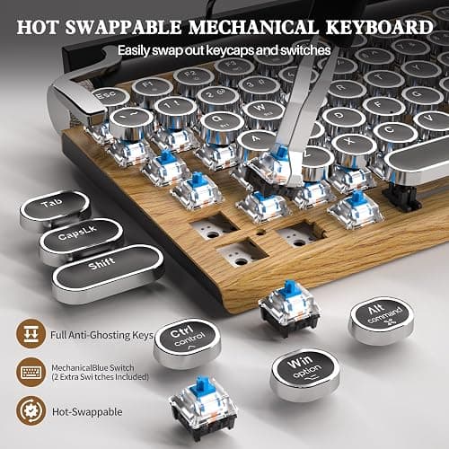 Retro Typewriter Keyboard Wireless, Mechanical Gaming Vintage Keyboard 83-Key Blue Switches Bluetooth 5.0 Punk Round Keycap, 14 Modes LED Backlight, Type-C, Compatible with PC/Laptop/Pad/Phone, Wood thumbnail 3