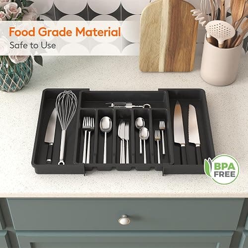 Lifewit Silverware Drawer Organizer, Expandable Utensil Tray for Kitchen, BPA Free Flatware and Cutlery Holder, Adjustable Plastic Storage for Spoons Forks Knives, Large, Black - Black - 1 thumbnail 8