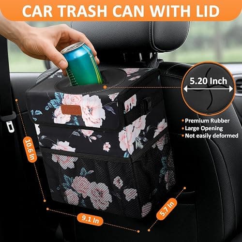 Vankor Car Trash Can with Lid Leak Proof Car Accessories for Women | 2.2 Gallon Cute Hanging Car Trash Bin for Men Car Truck Vehicle Sedan Interior Automotive Garbage Cans, Black Floral thumbnail 2