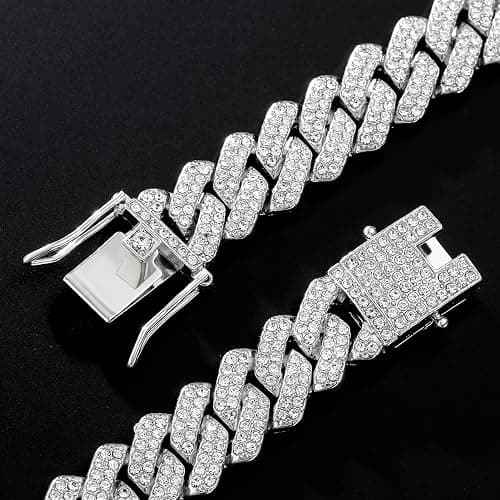 JUNVirtuous 2 Pieces Cuban Link Chain Mens Iced Out Miami Cuban Necklace and Bracelet Silver Bling Diamond Hip Hop Jewelry for Men and Women… thumbnail 4