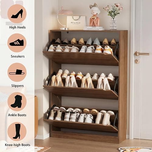 Shoe Storage Cabinet, Wood Shoe Organizer for Entryway with 3 Flip Drawers, Freestanding Shoe Rack with Adjustable Shelf, Narrow Shoe Dresser for Front Door Entrance (Walnut, Standard 3 Drawers) thumbnail 5