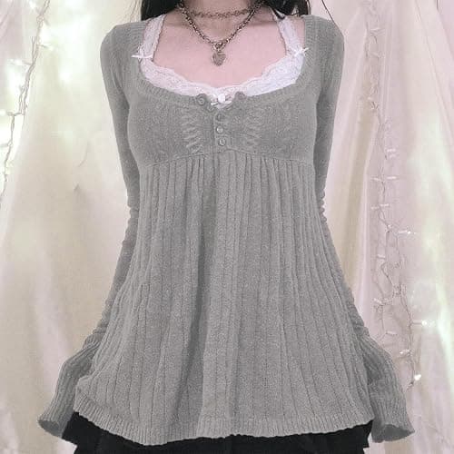 FeMereina Women Vintage Solid Color Sweater Top Long Sleeve Button Front Knitted Top Retro Y2K Fairy Grunge Aesthetic Knitwear thumbnail 2