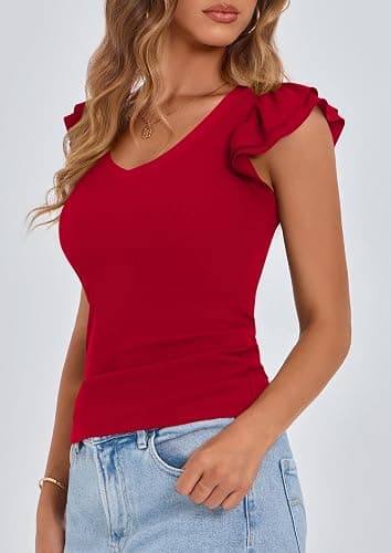 PRETTYGARDEN Womens V Neck Summer Tops Ruffle Sleeveless Slim Fit T Shirts Going Out Casual Blouses 2025 thumbnail 4