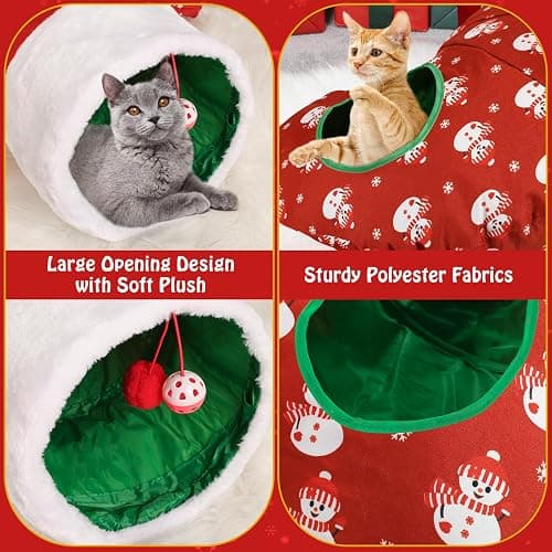 Pawaboo Cat Tunnel Christmas Sock with Bell Balls, Upgraded 2 Way Cat Tunnel Interactive Toy, Pet Xmas Stocking with Crinkle Paper & Strong Spring-Steel Frame for Cat Kitten Kitty, Red Snowman thumbnail 6