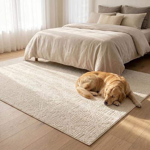 jxgzyy Non-Slip Area Rug 4'7" x 6'7" Cream Checked, Waterproof, Stainproof | checked area rug with non-slip backing. easy to clean for living room, bedroom, kitchen, dining, nursery, and office. thumbnail 6