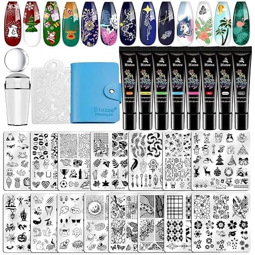 Biutee Nail Stamper Kit 15pcs Nail Art Stamp Plate 8pcs Stamp Gel Polish 1pcs Nail Stamper Scraper Set with Storage Bag, Nail Stamp Template Kit Flower Lace Animal Star Christmas Design - Image 1