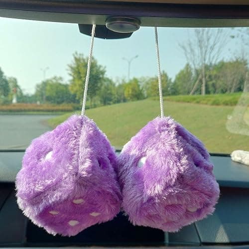 Fuzzy Plush Dice for Car Mirror, Pair of Retro 3” Pink Dice with White Dots for Car Interior Hanging Ornament Decoration thumbnail 2