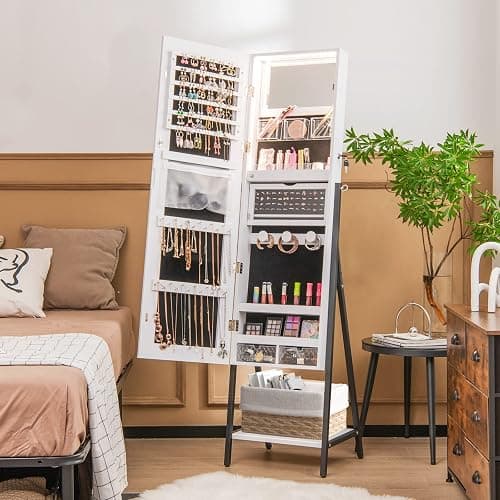 CHARMAID Standing Jewelry Armoire with Full Length Mirror, Lockable Jewelry Cabinet Organizer with Lights, 3 Lighting Modes, Foldable Makeup Tray, Storage Drawers & Shelves (White) thumbnail 2
