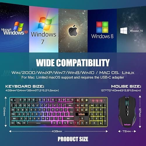 RedThunder K10 Wireless Gaming Keyboard and Mouse Combo, LED Backlit Rechargeable 3800mAh Battery, Mechanical Feel Anti-ghosting Keyboard + 7D 3200DPI Mice for PC Gamer (Black) thumbnail 7