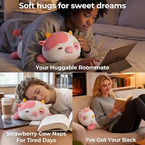 Mewaii Strawberry Cow Plush Pillow Cute Plushies, Squishy & Huggable, 13 in | Cuddly Cow Stuffed Animal Pillow, Low-Shedding, PP Cotton Fill, Machine Washable, Desk Decor, Gift For Kids & Cow Lovers thumbnail 6