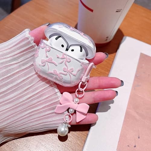 MINSCOSE Compatible with AirPods 4 Clear Case,Cute Ribbon Bow Pretty Aesthetic Design with Bow Pearl Keychain,Soft TPU Protective Shockproof Case for Women Girl for Airpod 4-Pink thumbnail 2