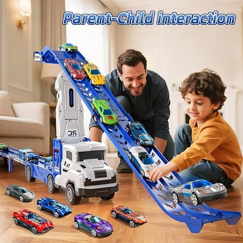 Transport Truck Toys for 3 4 5 6 7 Years Old Boys,Toys Cars Track Set Transporter Trucks with 12 Die-Cast Car Toys 2 Race catapults Dual-Track Model,Toddler Car Toy Set for Kids Boys Girls thumbnail 2