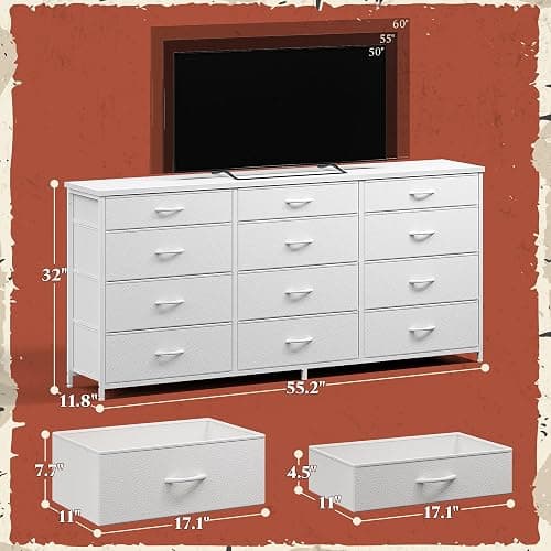 Romorgniz 55" Long Dresser for Bedroom with 12 Fabric Drawers, Entertainment Center for 60 inch TV Dressers & Chests of Drawers Large Organizer, Living Room, Metal Frame, Wood Top, White thumbnail 3