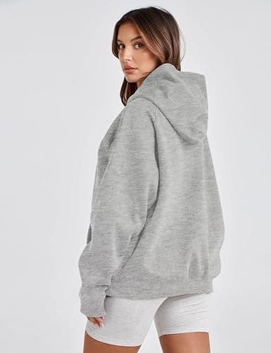 Lauweion Women Solid Basic Fleece Letter Loose Hoodie Sweatshirt Long Sleeve Kangaroo Pocket Drop Shoulder Pullovers Top thumbnail 4