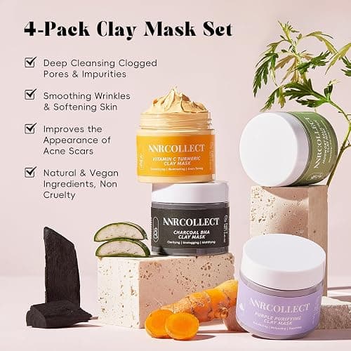 ANRCOLLECT 4-Pack Clay Face Mask Set (280g Total) - Vitamin C Turmeric, Charcoal BHA, Mugwort Salicylic & Purple Clay Masks for Deep Pore Cleansing, Oil Control & Blackhead Removal - Skincare Gift Set thumbnail 2