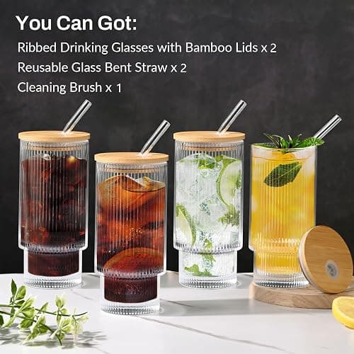 AFINSEA 16OZ Ribbed Glass Cups with Lids and Straws,Iced Coffee Cups with Bamboo Lid,Vintage Glassware for Whiskey Cocktail Beer Fruit Juice Glasses Tumbler(2 Pack) thumbnail 7