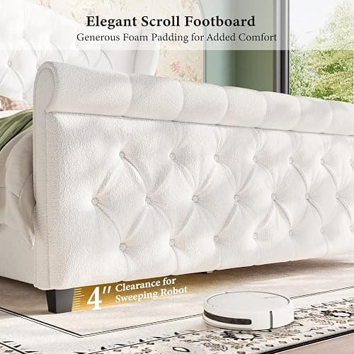 Queen Size Bed Frame-Upholstered Platform Chenille Sleigh Bed-51 inch Scroll Wingback Tall Headboard Footboard-Deep Button Tufted-Easily Assemble-Wood Slats Support-No Box Spring Required-Cream thumbnail 5