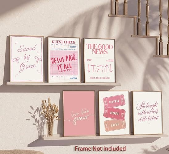 6pcs Pink Christian Bible Wall Art Religious Preppy Painting Picture Wall Decor Pink Christian Encouragement Poster Print Artwork for Bedroom Living Room Office Dorm Room Decoration Unframed thumbnail 7