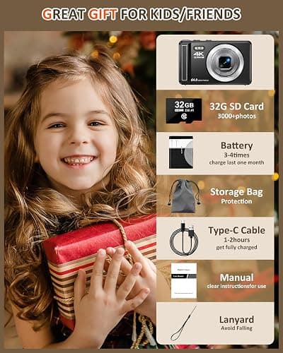 Digital Camera - 4K Point and Shoot Small Digital Cameras - 64MP UHD Autofocus Compact Camera for Photography with Flash - Portable Vlogging Camara Gifts for Kids with 32GB Card, 2.8" Screen, 16X Zoom thumbnail 7