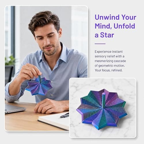 3D Printed Fidget Toy for Adults: Waoferfio Retractable Sensory Star with Handle, Honeycomb Spiral Design to Relieve Stress and Anxiety – Large 3D Printed Toys with 25 Rings, 3D Toys for Sensory thumbnail 3