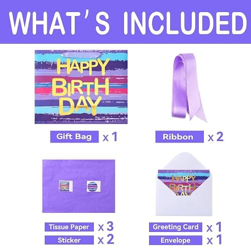 13" Large Purple-blue Multicolor Watercolor Gift Bag Set with Greeting Card and Lavender Tissue Papers (Gold Foil ‘Happy Birthday’) for Women's or Men's Birthday Party, Girls', Boys' or Kids' Party, thumbnail 3
