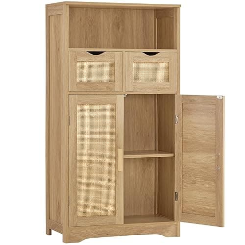 Iwell Storage Cabinet with 2 Drawers & Adjustable Shelves, Rattan Cabinet, Kitchen Storage Cabinet, Pantry Cabinet with 2 Doors, Cupboard, Small Cabinet for Living Room, Kitchen, Home Office, Natural - Natural - Image 1